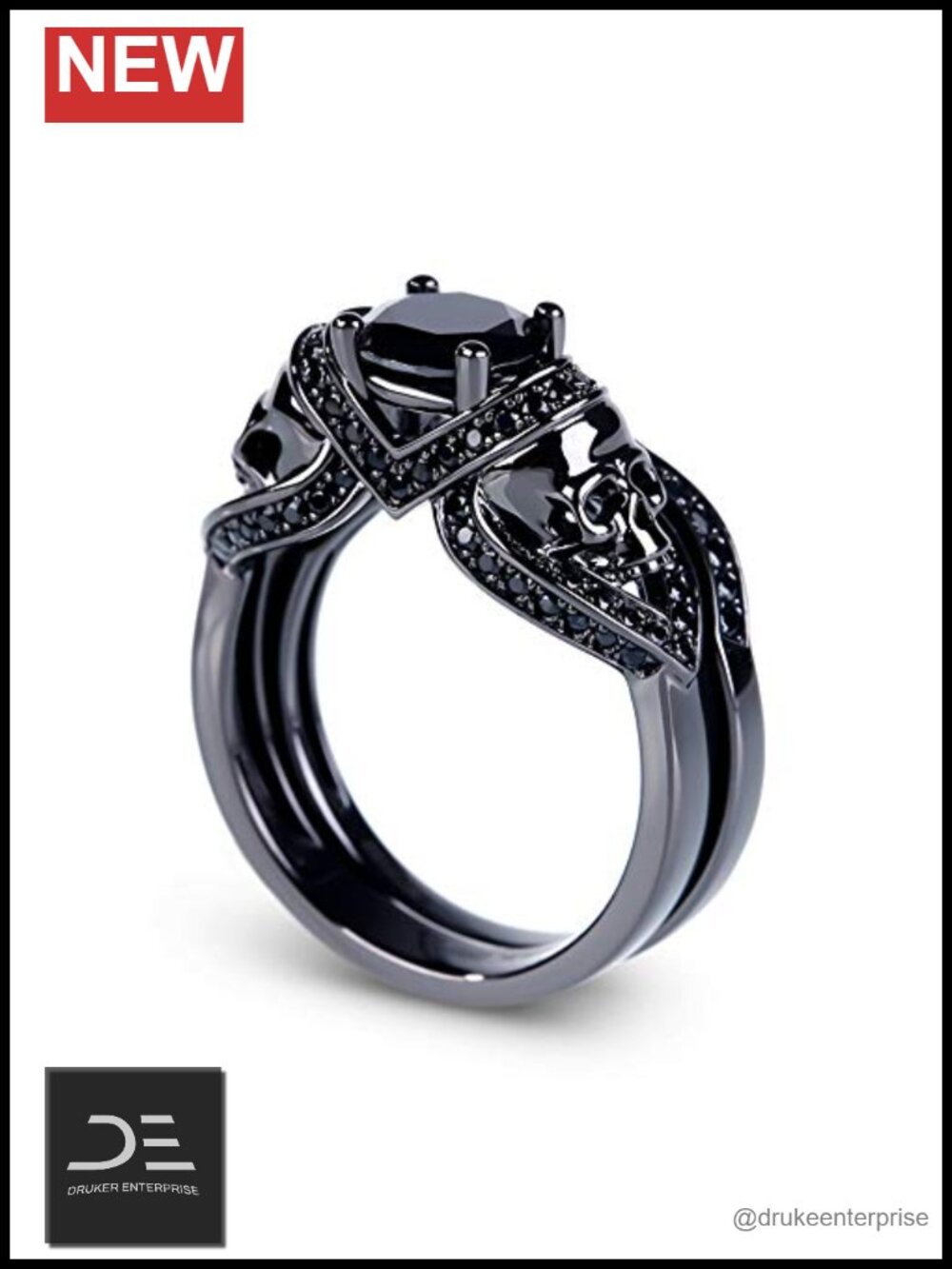 Sterling Silver Black Skull Ring Set 3.6 Carat Cubic Zirconia Women's